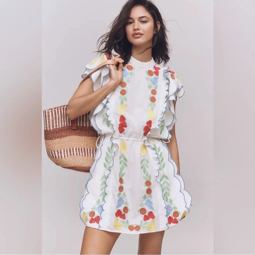 Farm Rio Anthropologie Garden Southern Cute Embroidered Cream Fruit Fern Dress S - Picture 13 of 13